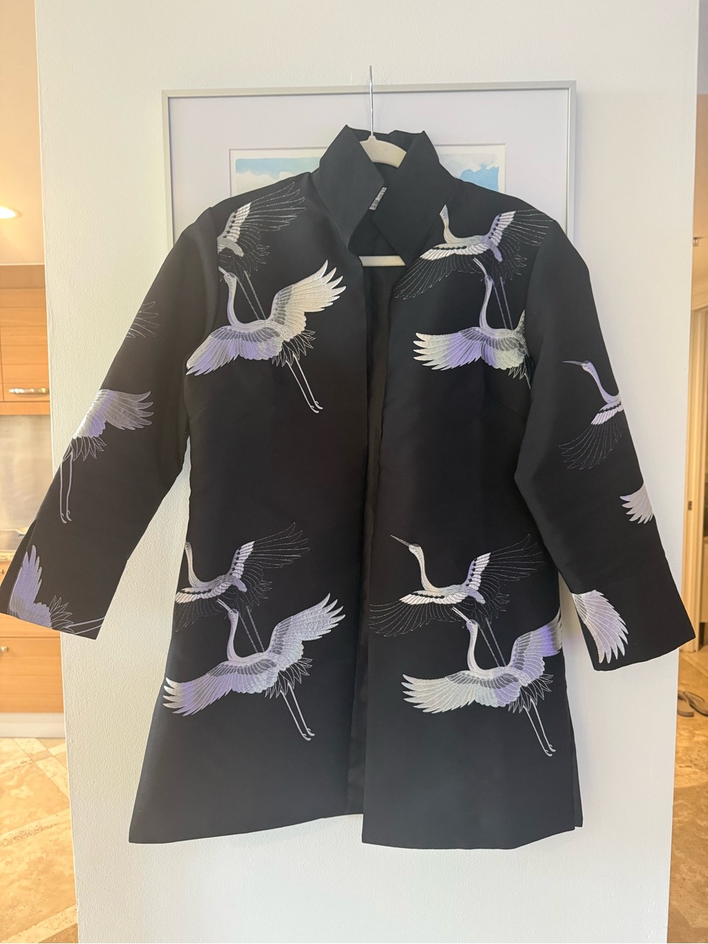 Black Crane-Embroidered Open Front Coat - Picture 3 of 5